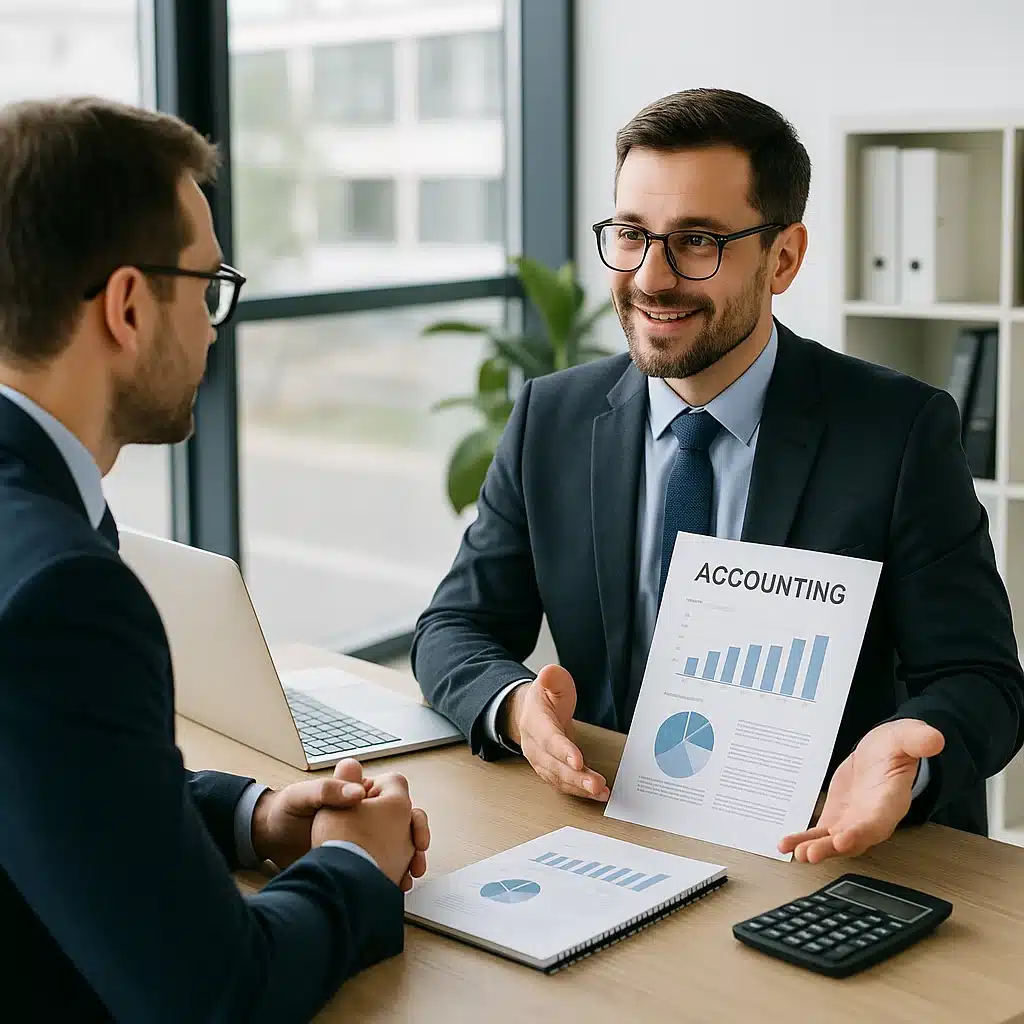 Image of two professionals discussing accounting