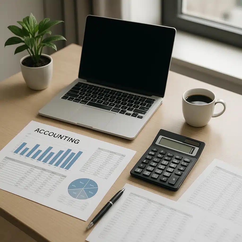 Image of accounting tools displayed on a wooden desk