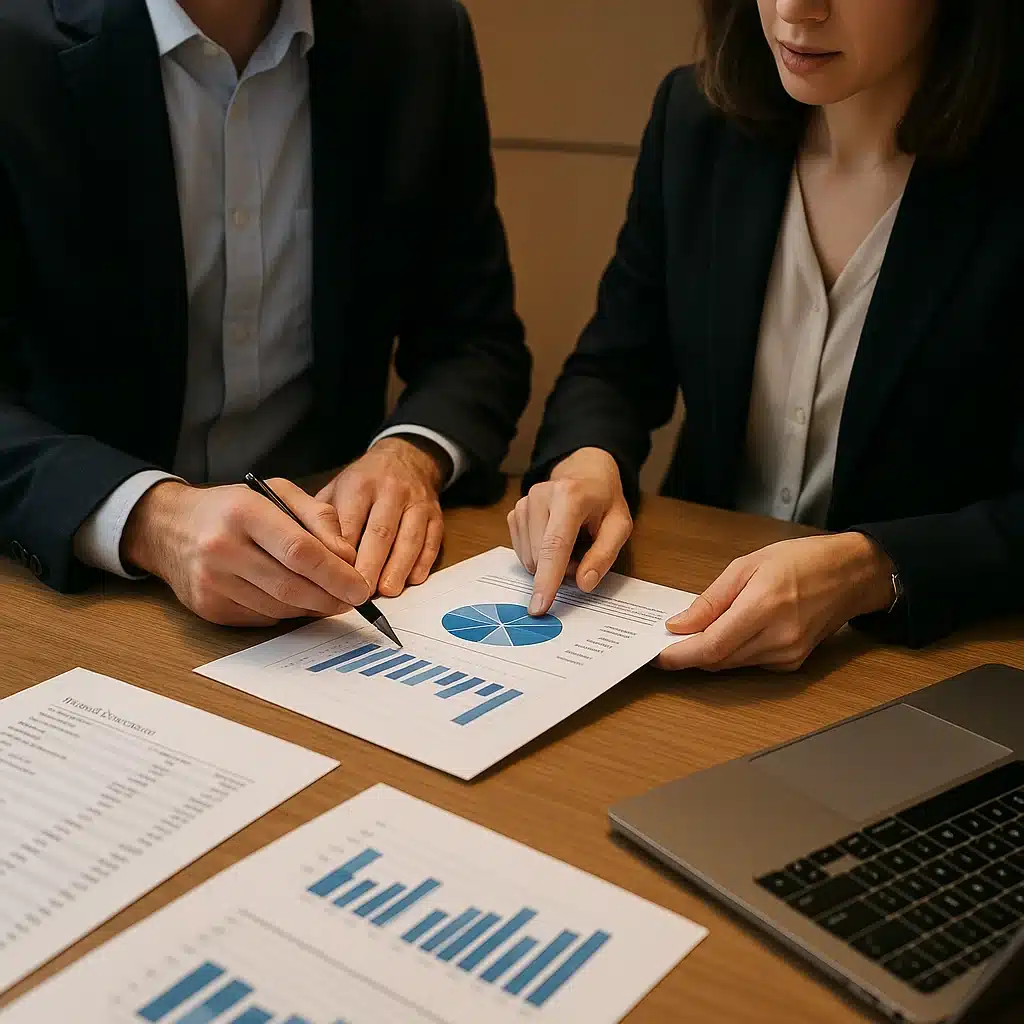 Image of two professionals discussing accounting