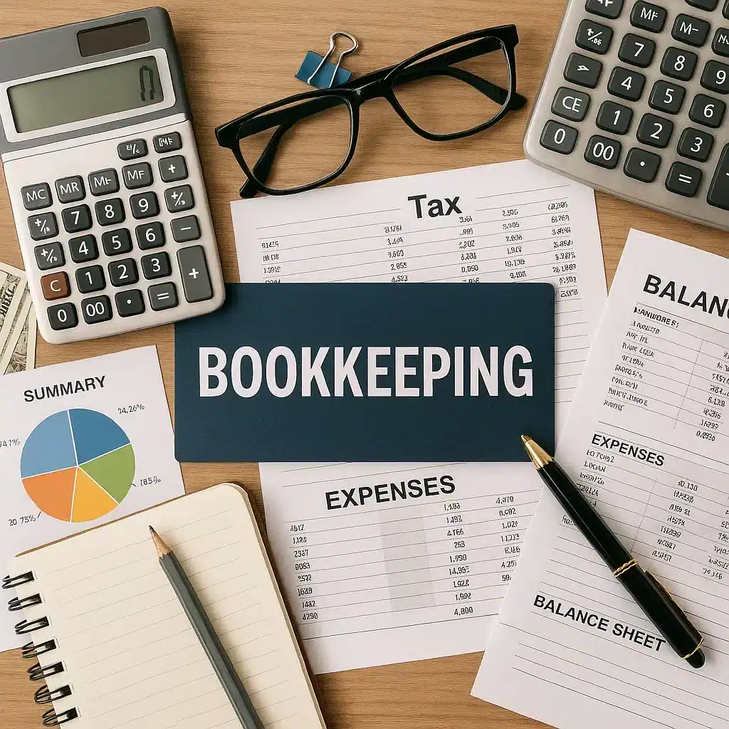Image of Bookkeeping tools displayed on wooden desk