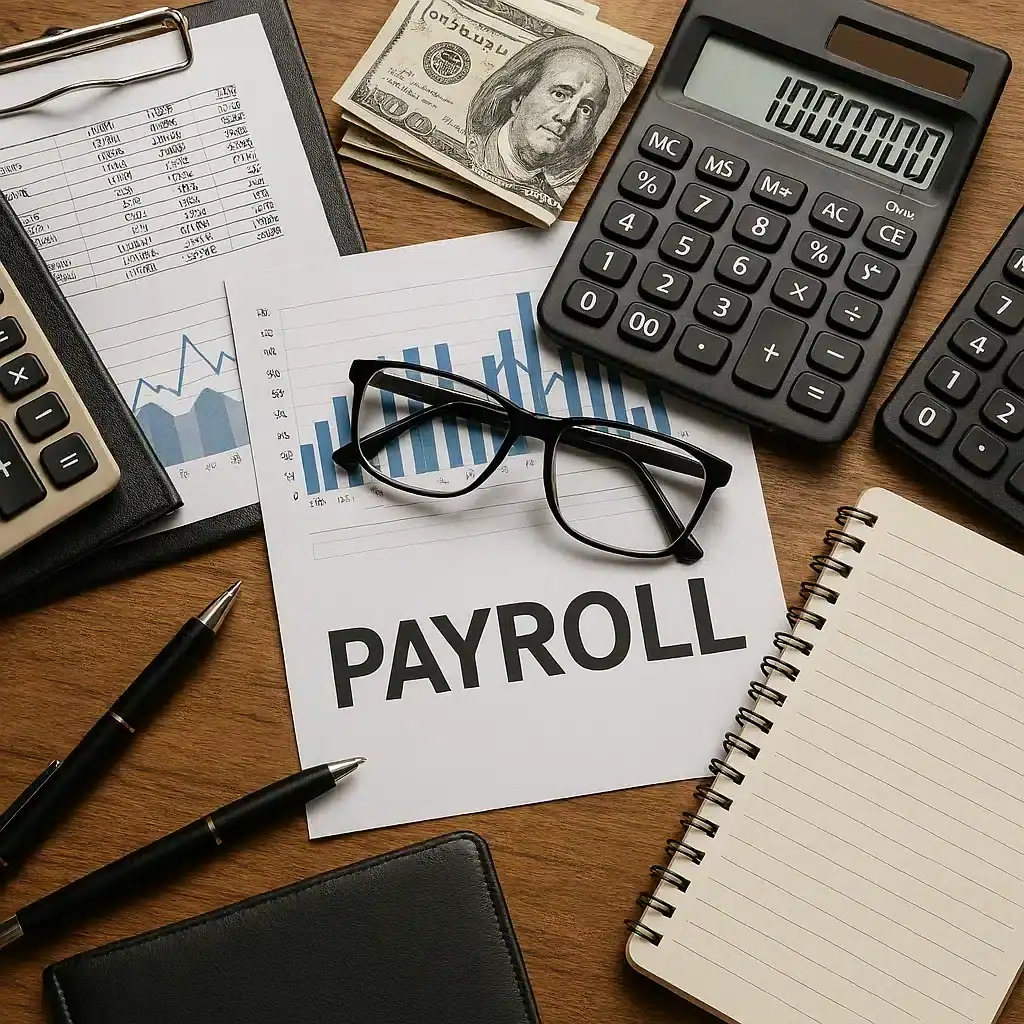 Image of Payroll tools displayed on wooden desk