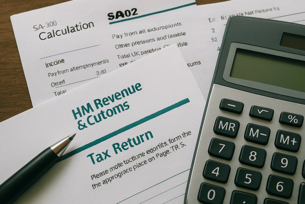 Image of tax returns tools displayed on wooden desk