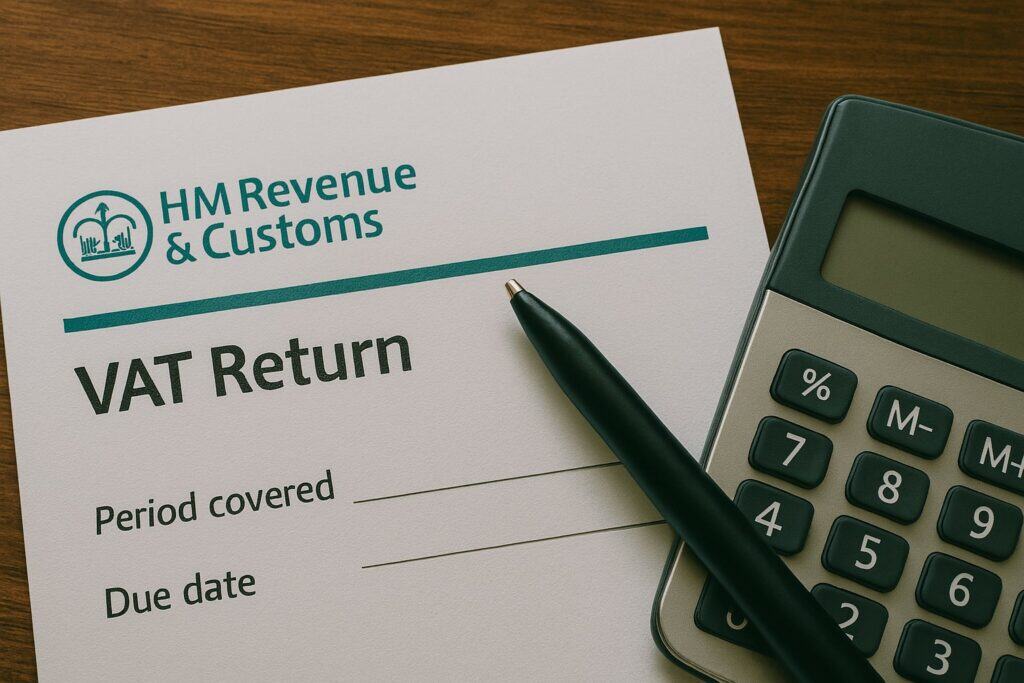Image of VAT Return tools displayed on wooden desk